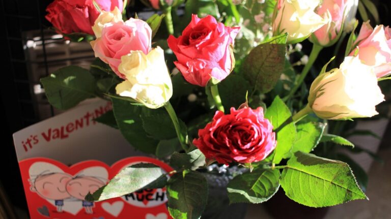 A bouquet of roses with a valentine's day card