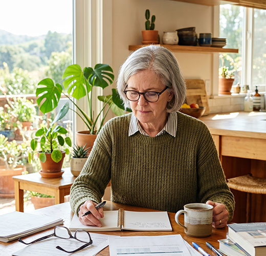 Bay Area senior woman carefully reviewing documents at home