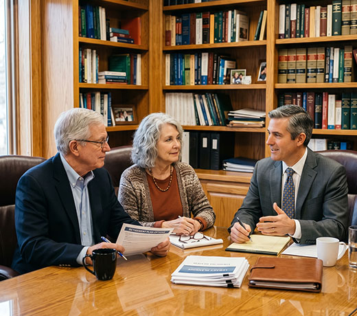 Bay Area senior couple consulting with a fiduciary or conservator in a professional setting