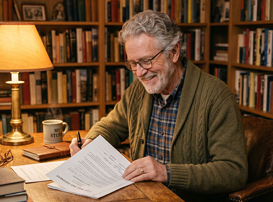 Bay Area senior man smiling while reviewing his will and trust documents