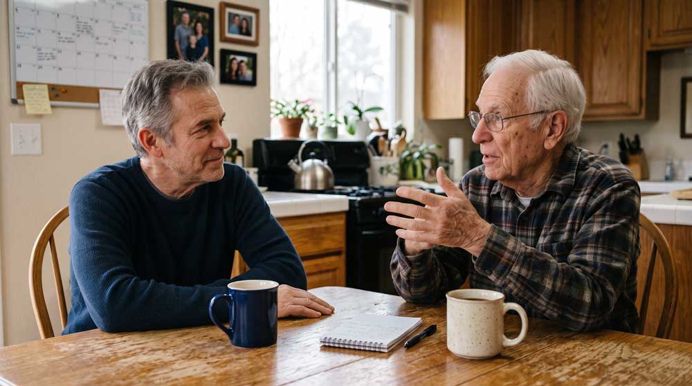 Adult child and older parent talking together at a kitchen table during a fall visit at home in the Bay Area