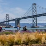 People walk by the bay bridge on a sunny day